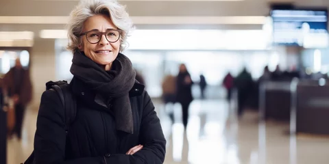 Cercles muraux Ancien avion A smiling middle aged woman wearing a chic coat in front of a noisy airport terminal with check-in terminals in the background.
