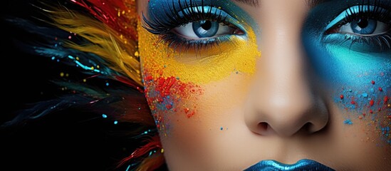 Stunning girl with vibrant artistic makeup innovative and colorful Blue eyebrows glittery eyeshadows and gradient lips With copyspace for text - obrazy, fototapety, plakaty