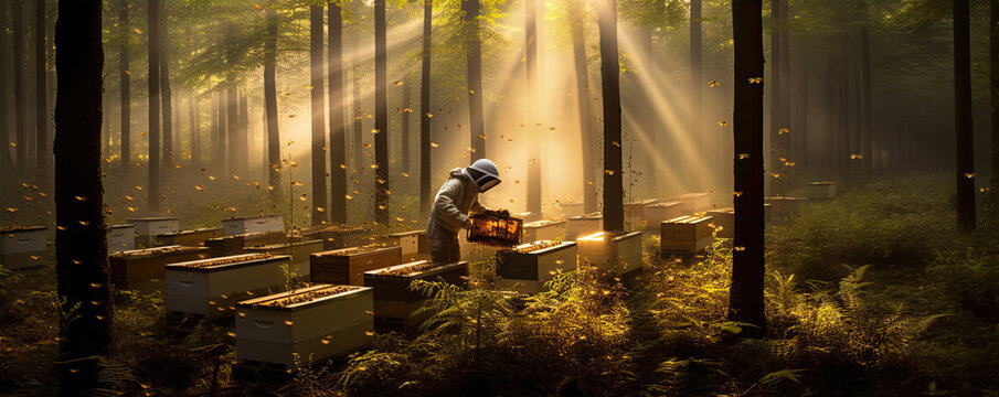 beekeeper working with many bee hives in garden. Beekeepers concept.