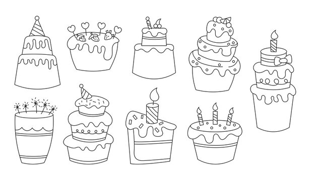 Festive sweet cake. Coloring Page. Tasty dessert. Vector drawing. Collection of design elements.