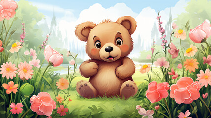 Baby little bear cute a beautiful garden background