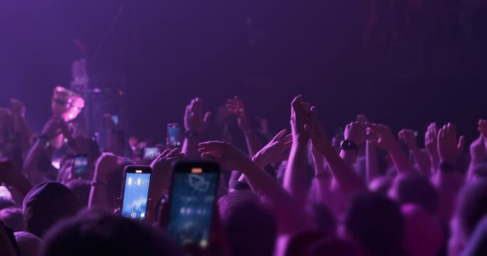 Waving fans hands at band concert in magenta stage light spotlights. Close up, happy people clap their hands, film show on phones. Disco party illumination by pink orange light. Crowd audience dance