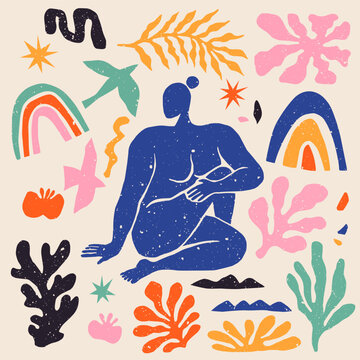 Hand Drawn Vector Abstract Graphic Illustration In Matisse Style With Meditating Woman In Yoga Position, Coral, Rainbow, Starfish And Other Elements Isolated Over Beige Background