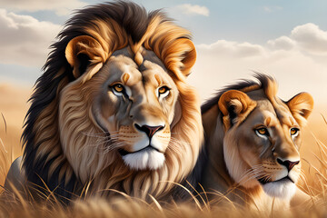 A couple of lions in the African grasslands. Generative AI