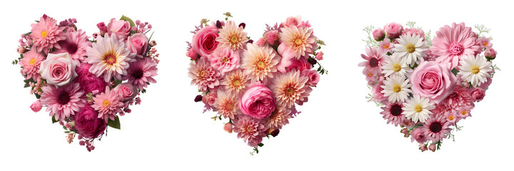 Romantic Floral Heart with Filled English Roses and Pink Chrysanthemums - Isolated on Transparent Background HD