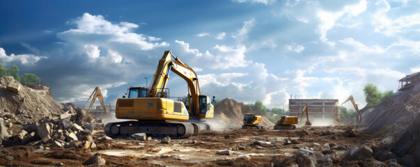 Big yellow excavator working on site. Shovel loading the soil or gound. Heavy truck mining machinery concept. - obrazy, fototapety, plakaty
