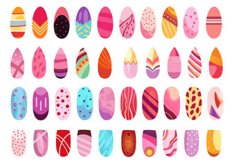 Painted nails set. Colorful glossy decorative polish collection with texture and print for finger nail. Woman manicure pedicure design vector set. Female salon service for hands