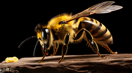 Close-up detail on a bee pollinating flower on a black background. Most important animals on the...