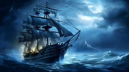 Poster pirate ship sailing on the sea at night © weerasak