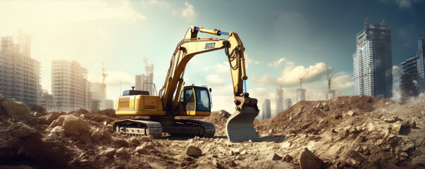 Big yellow excavator working on site. Shovel loading the soil or gound. Heavy truck mining machinery concept. - obrazy, fototapety, plakaty