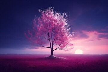 Beautiful pink tree in the field at sunset. 3d rendering