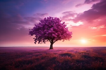 Lonely tree in the field at sunset. Beautiful landscape.