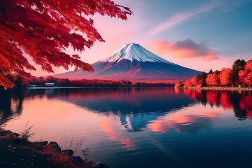 Fototapeta na wymiar Fuji Mountain at Kawaguchiko Lake in Japan at Sunrise.