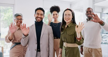 Creative business people, waving and team smile in about us for introduction, greeting or startup at office. Group portrait of happy employee workers smiling with wavy hands for welcome or teamwork