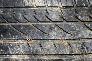 Used rubber tyre texture. Junkyard closeup dumped car wheel. Tire tread pattern. Black dirty rubber...