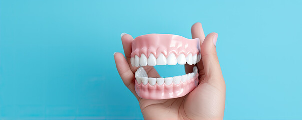 Woman Hand Holding tooth or detal model on blue background. - obrazy, fototapety, plakaty