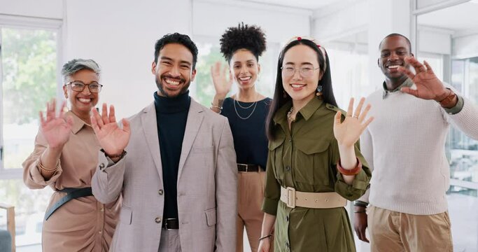 Creative business people, waving and team smile in about us for introduction, greeting or startup at office. Group portrait of happy employee workers smiling with wavy hands for welcome or teamwork