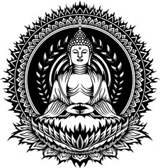 buddha statue  in lotus with floral ornament frame black and white illustration