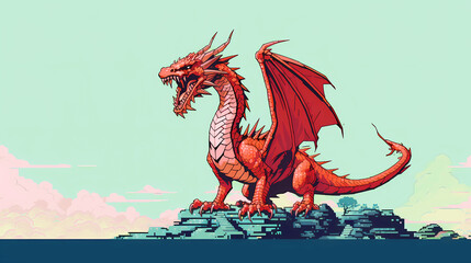 ピクセルアート風の赤いドラゴン、竜、龍、辰｜
pixel art style red dragon  Generative AI