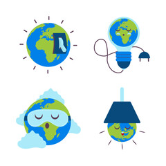Earth Hour Illustration With Sleeping Cartoon Flat Design. Light Bulb, Turn Off Time, etc. Isolated Vector Set. 