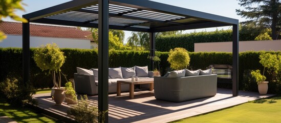 Stylish outdoor pergola with shade patio roof lounge seating grill and landscaping With copyspace for text