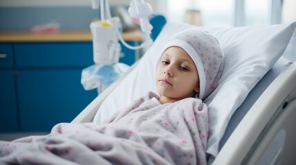 child patient lying in hospital ward. Sick bald kid with nasal tube lying in hospital bed after chemotherapy