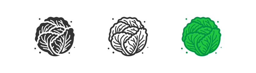 Cabbage vegetable icon. Organic vegetarian product cauliflower, salad symbol. Farm market fresh green healthy food, harvest season. Outline, flat and colored style, web design. Vector illustration. - obrazy, fototapety, plakaty