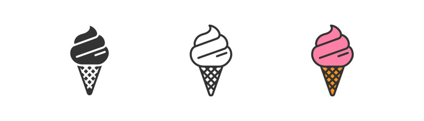 Ice cream in waffle cone vector icon. Hot summer symbol. Pink tasty dessert, Sweet summer delicacy, frozen yogurt. Outline, flat and colored style. Vector illustration.