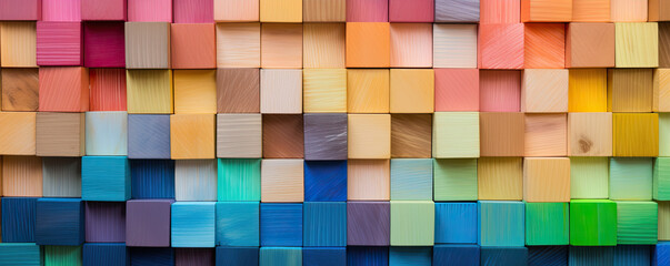 Colored wooden cubes wall. Abstract geometric rainbow blocks. wide banner