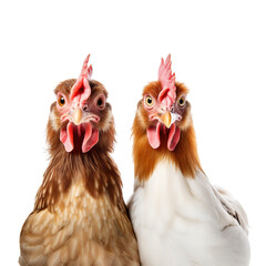 Portrait of two funny chickens, closeup, isolated on white background