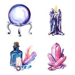 Set of magic items made of candles, crystal, a bottle with a potion and feathers and crystal magic ball Watercolor hand drawn illustration on white background for design and decorating.