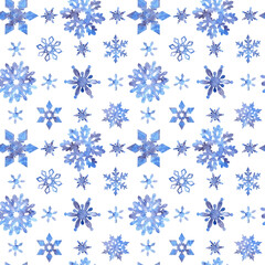 Seamless pattern watercolor filigree snowflakes with aquarelle texture violet blue splatters,dots,splashes in different shapes on white background.Backdrop for christmas,new year,X-mas