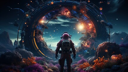 Astronaut on foreign planet in front of spacetime portal light. - obrazy, fototapety, plakaty