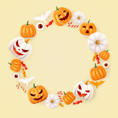 Halloween background with orange and white pumpkins, garlands and paper cut objects. Greeting card for party and sale. Autumn holidays. Vector illustration EPS10.