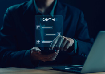 bot artificial intelligence open for customers, AI chat digital technology, business communication,...