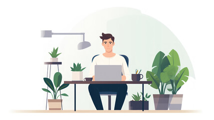 Business man work in happy workspace flat design on white background.