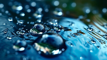 Abstract background with splashes, splashes and bubbles on the water surface with blue sky reflection.