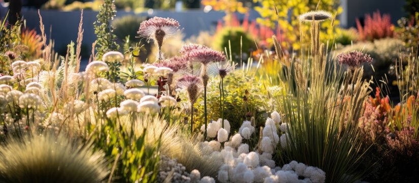 Garden with grasses and many flowers With copyspace for text