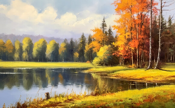 Acrylic painting landscape - lake in autumn forest.