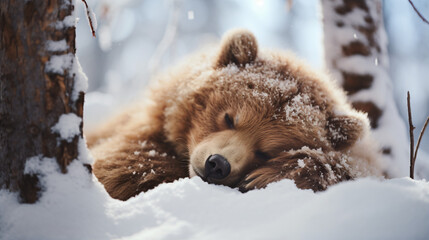 Brown bear cub sleeping on the snow. Forest trees.
