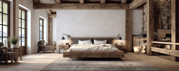 Bedroom interior design with wooden beams in ceiling and hardwood floor. - obrazy, fototapety, plakaty