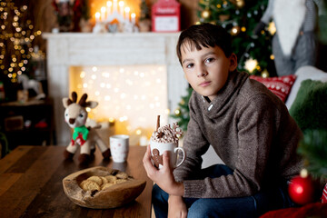 Beautiful blond child, young school boy, playing in a decorated home with knitted toys