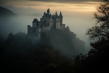 Obraz premium Ancient Castle's Secrets Revealed in the Twilight Haze