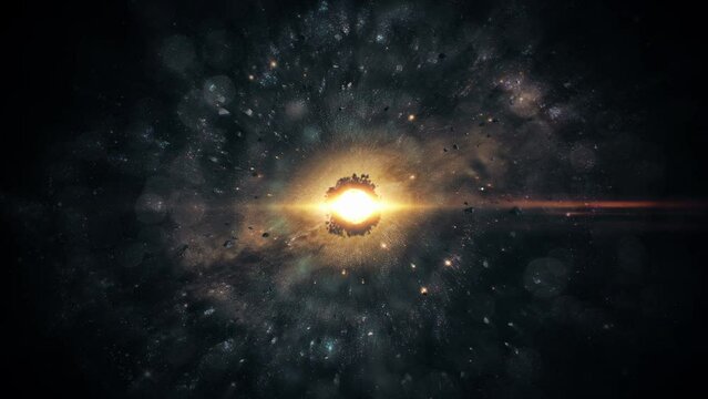 Galaxy animation. Cinematic concept art of asteroid belt. Realistic nebula in space with a massive star and nuclear lightning in the center of the universe. Cosmos with interstellar clouds of dust.