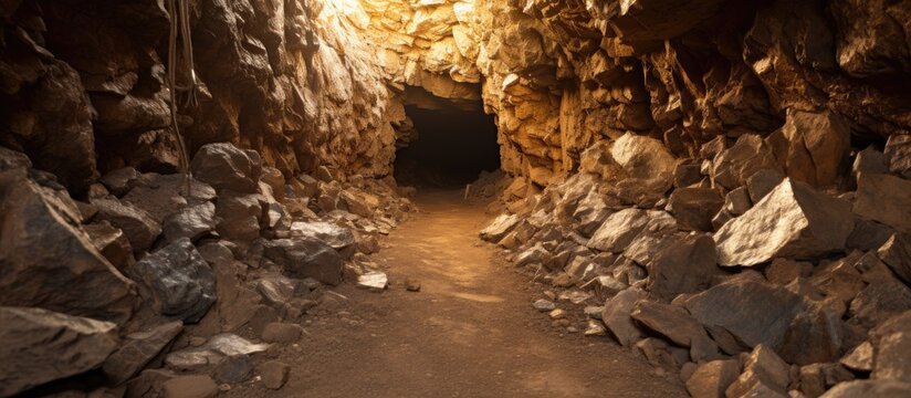 Abandoned gold mine tunnel in Nevada desert with ore cart tracks shallow Depth of Field focused halfway down With copyspace for text