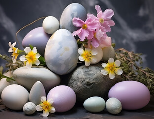 Fototapeta na wymiar easter eggs and flowers, Highly detailed decorated easter eggs in birds nest made of sticks chicken eggs with painted flowers