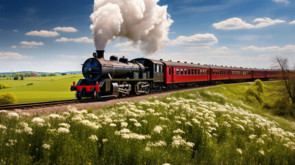 Historical German steam train passes through the field - obrazy, fototapety, plakaty