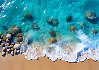 Beautiful background with sea surface and sandy beach - clear azure sea water, top view