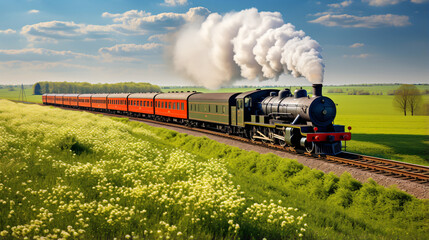 Historical German steam train passes through the field - obrazy, fototapety, plakaty