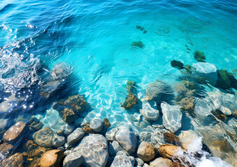 Fototapeta na wymiar Beautiful background with sea surface - transparent azure sea water, top view